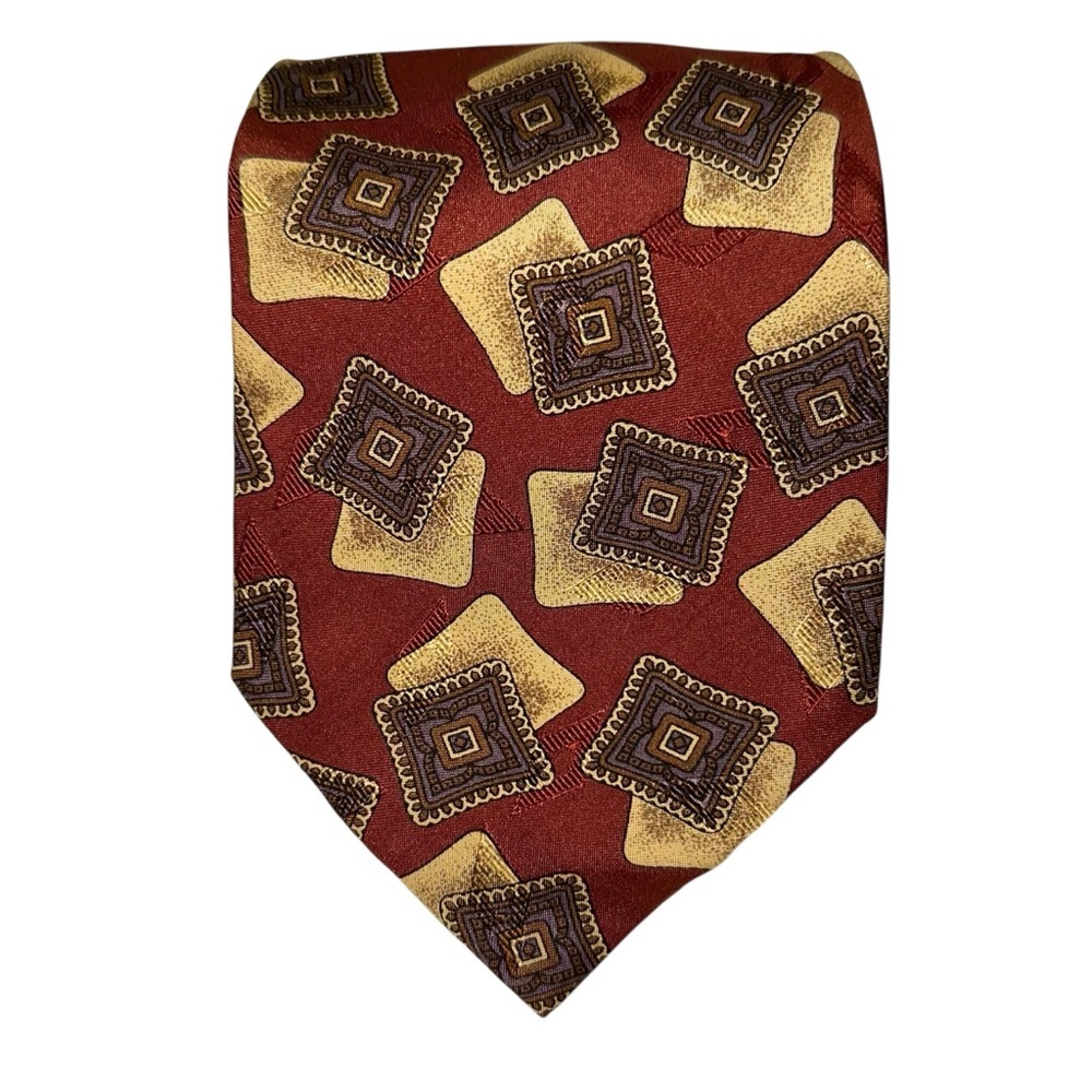 Vtg Valentino Cravatte Mens Tie Silk Red Gold Square Geometric 58x3.5” Italy